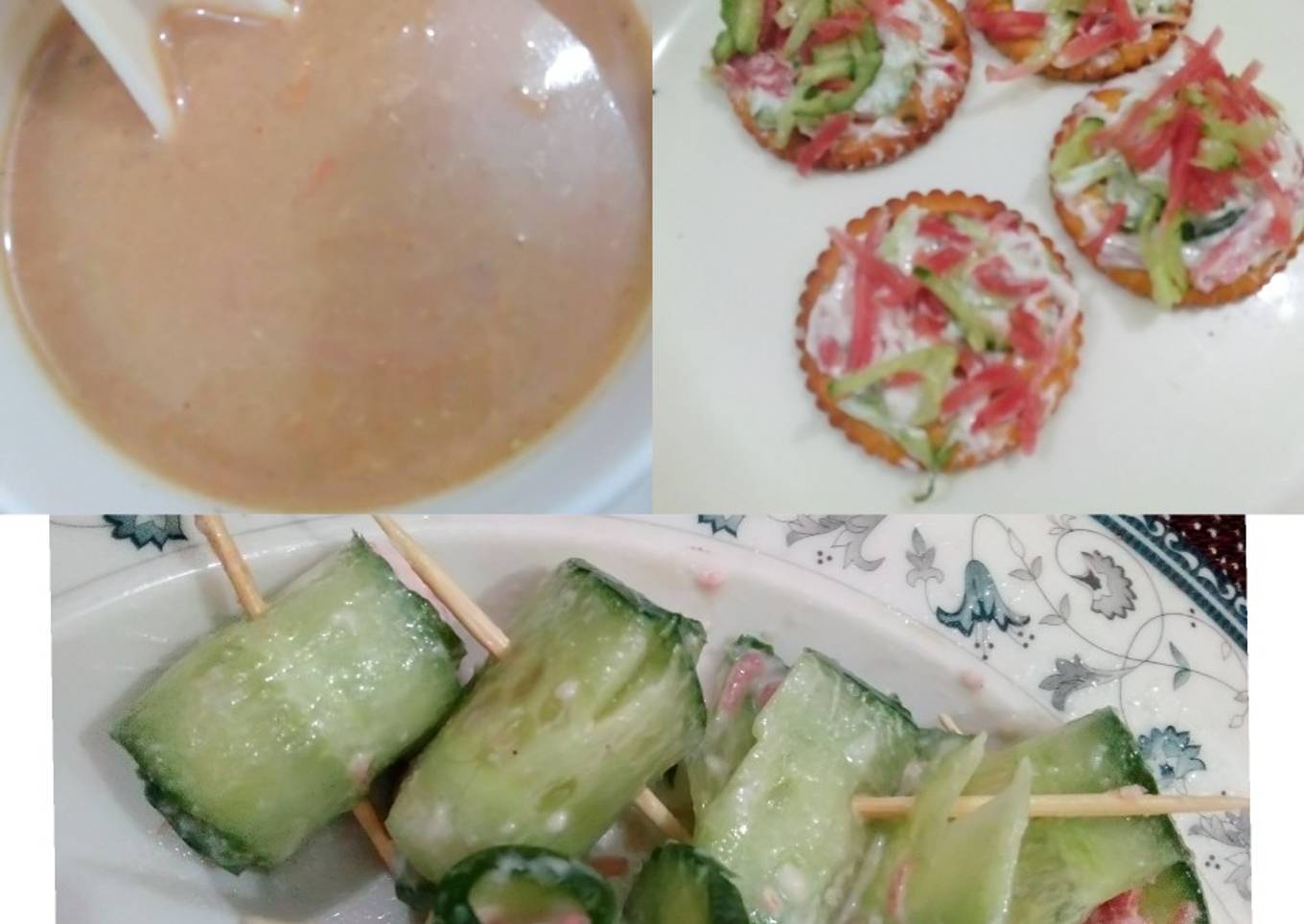 Mulligatawny soup with cucumber rolls and mayo cheesy snack