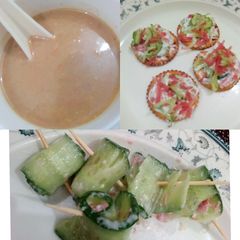 A picture of Mulligatawny soup with cucumber rolls and mayo cheesy snack.