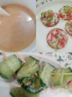 A picture of Mulligatawny soup with cucumber rolls and mayo cheesy snack.