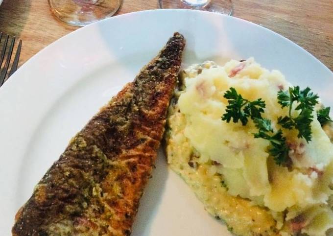 Hake Fish, Bacon Mashed potatoes on the bed of cheese