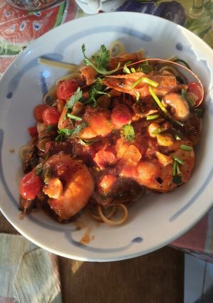 Foto resep Shrimp linguini Fettucini with Tomato Sauce