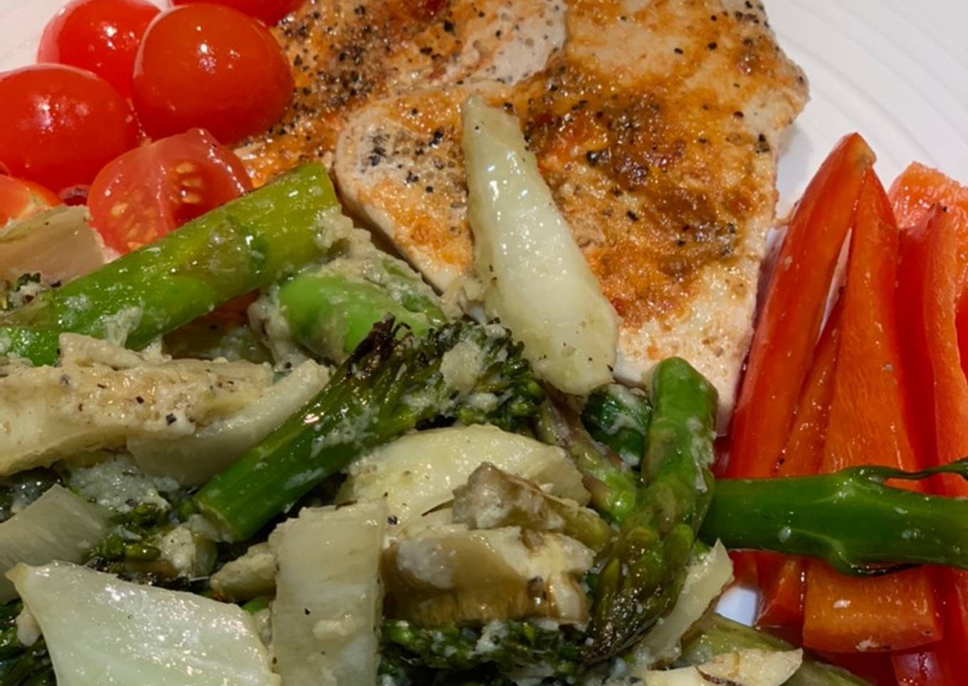 Harissa turkey steaks with fennel/broccoli/asparagus and lemon-pecorino sauce for Jamo