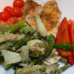 A picture of Harissa turkey steaks with fennel/broccoli/asparagus and lemon-pecorino sauce for Jamo.