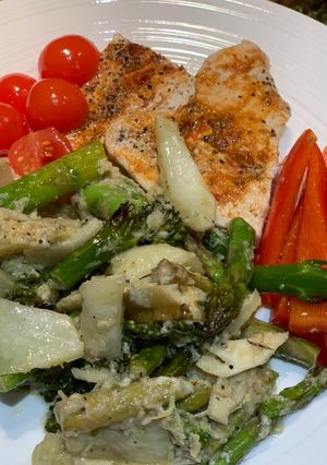 A picture of Harissa turkey steaks with fennel/broccoli/asparagus and lemon-pecorino sauce for Jamo.