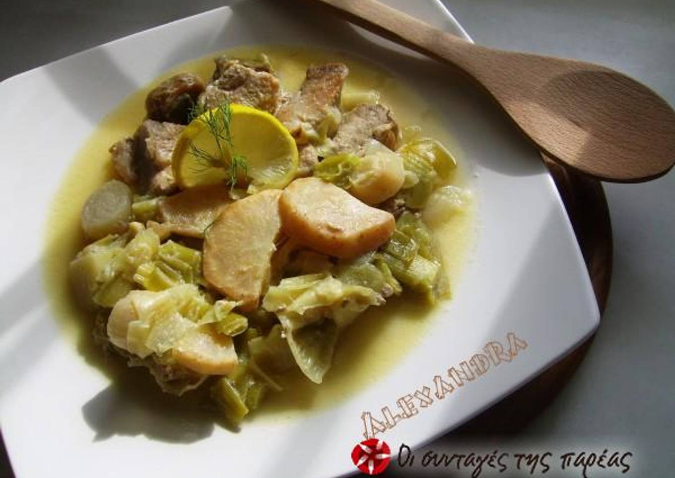 Pork braised with leeks and celery