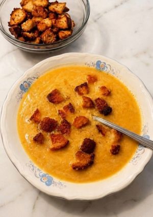 Zdjęcie przepisu Zupa z czerwonej soczewicy z grzankami na mleku kokosowym 🌶 🌶.