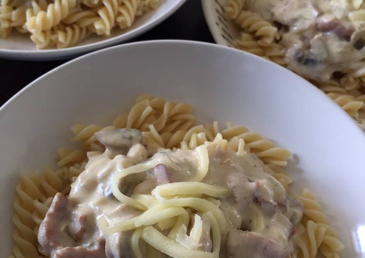 Recipe of Ultimate Cream Pasta with Smoked Duck and Mushrooms