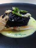 Squid Ink Spaghetti with Langoustines and Asparagus Cream