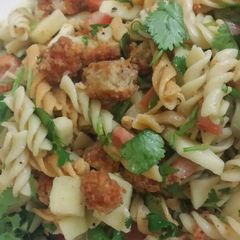 A picture of Vegan pasta salad with spicy chicken.