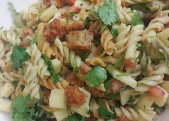 Unique Cuisine Vegan pasta salad with spicy chicken Delicious