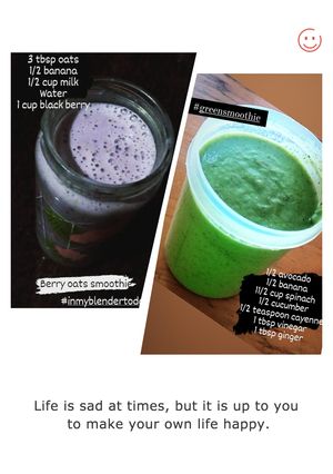 A picture of Healthy breakfast🥤 smoothies #blackberry_oats & #green_smoothie.