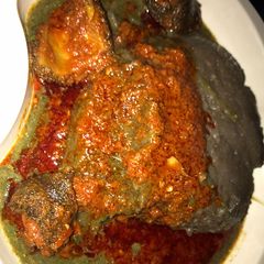 A picture of Amala, Ewedu and stew.
