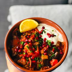 A picture of Moroccan Style Carrot and Aubergine Tray Bake.