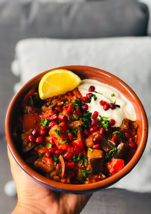 A picture of Moroccan Style Carrot and Aubergine Tray Bake.
