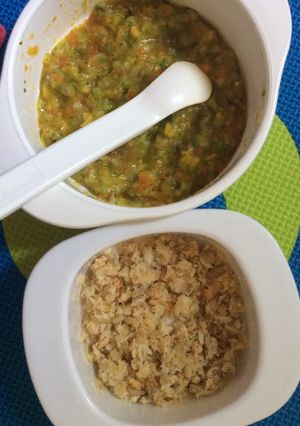 Foto resep Mpasi 8 bulan (tumis bawal bintang, bubur sayur)