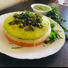 A picture of Tadka style tri colour steam dhokla.