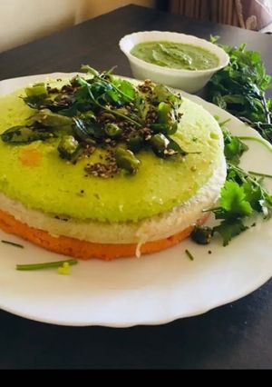 A picture of Tadka style tri colour steam dhokla.