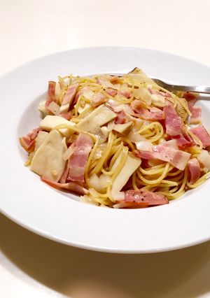 A picture of Japanese style! Bacon and Mushroom pasta with butter and soy-sauce!.