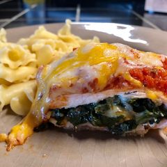 A picture of Italian stuffed chicken breast.