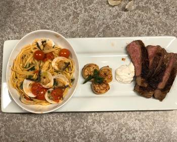 Easy Prepare Recipe Garlic Clam Pasta w Ribeye  Scallops Savory Delicious