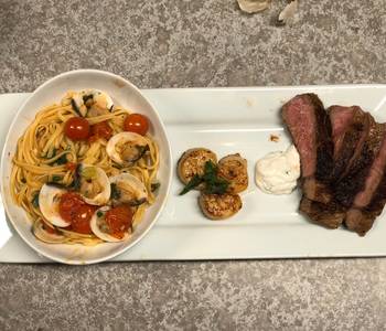 Easy Recipe Garlic Clam Pasta w Ribeye  Scallops Yummy