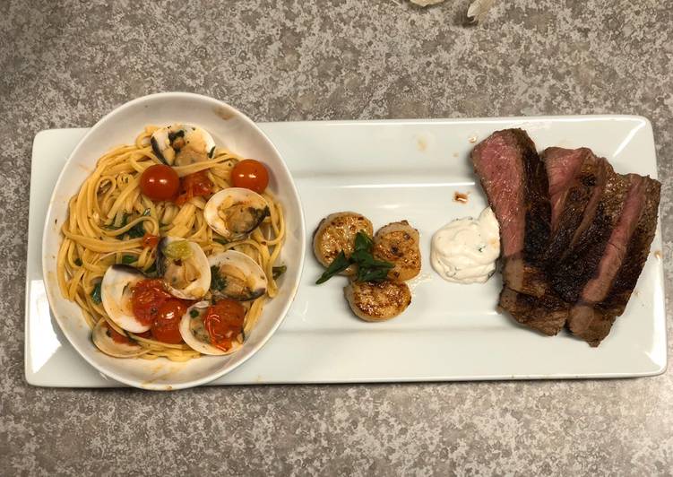 Easiest Way to Prepare Quick Garlic Clam Pasta w/ Rib-eye &amp; Scallops