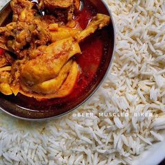 A picture of Homemade chicken curry with rice.