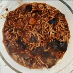 A picture of Eggplant and Minced meat in choco-tomatoe sauce.