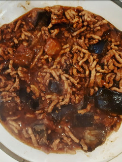 A picture of Eggplant and Minced meat in choco-tomatoe sauce.