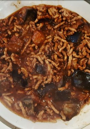 A picture of Eggplant and Minced meat in choco-tomatoe sauce.
