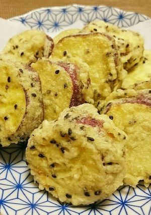 A picture of Sweet Potato Tempura with Sesame Coating.