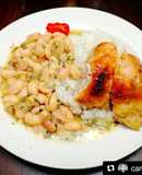Pollo al Horno, Habas en caldo de hueso y arroz blanco