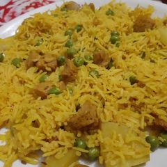 Mutar pulav with soya chunks A picture of Mutar pulav with soya chunks.