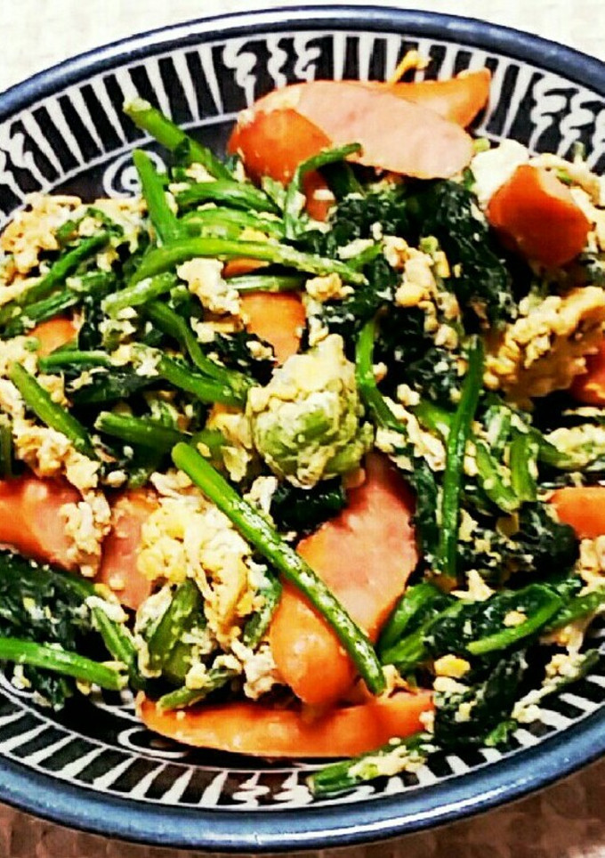 A picture of Spinach, Sausage, and Egg Stir-Fry with Butter Soy Sauce.