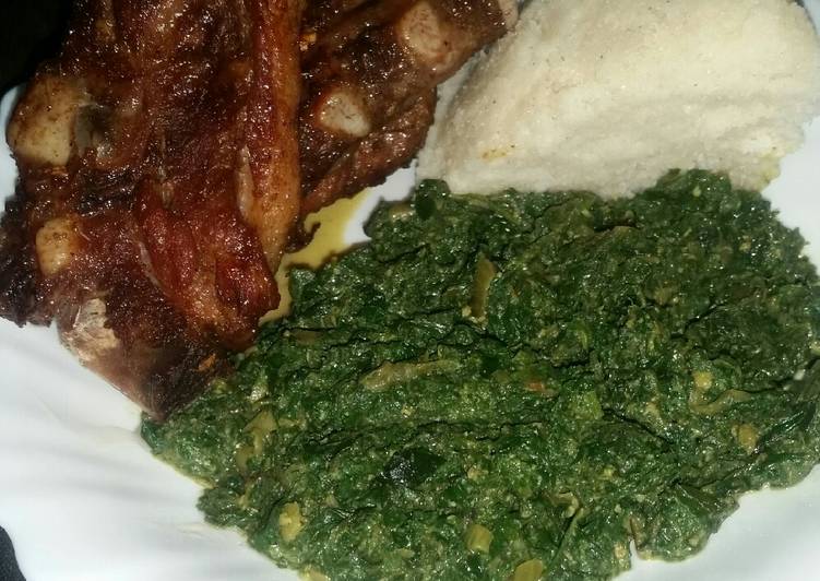 Recipe of Super Quick Homemade Grilled Pork Chops, Creamed Pumpkin Leaves and Ugali
