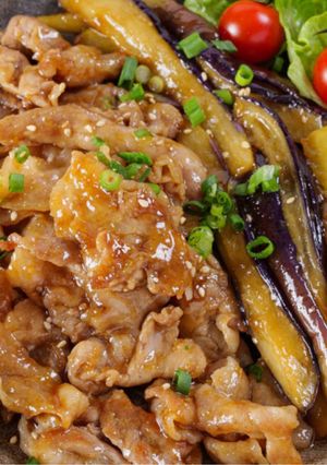 A picture of Pork, Eggplant, and Zucchini in Oyster Sauce Glaze.