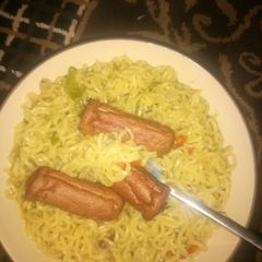 Indomie with sausage A picture of Indomie with sausage.