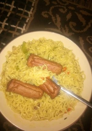 A picture of Indomie with sausage.