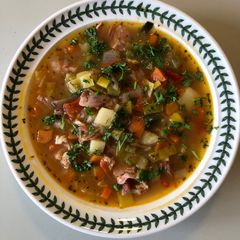 Use-up Ham, Leek, Tomato, Chilli, Garlic & French Bean Broth A picture of Use-up Ham, Leek, Tomato, Chilli, Garlic & French Bean Broth.