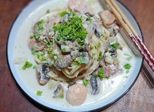 Foto resep Fettucine Alfredo (fettucinne Saus Krim dengan Daging Asap & Jamur)