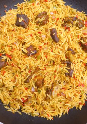 A picture of Peppered Goat Meat (Asun) Rice.