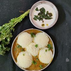 A picture of Rava idly sambar and chana dal and peanuts chutney.