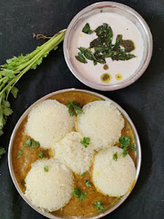 A picture of Rava idly sambar and chana dal and peanuts chutney.