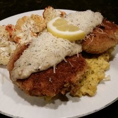 A picture of Brad's stuffed salmon cakes with lemon basil bechamel sauce.