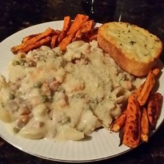 A picture of Brad's lobster thermidor over pasta.
