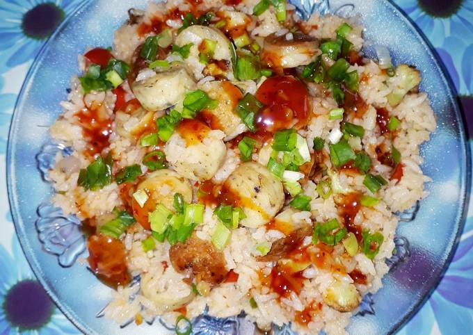 Chicken Sausage Rice with burnt Garlic and Chilli Oregano Sauce