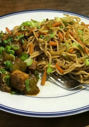 A picture of Chilli Tofu and Hakka Noddles.