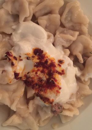 A picture of Manti (Turkish Dumplings).