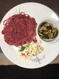 WHEAT SPAGHETTI IN BEETROOT PESTO, FETA CHEESE SALAD,
