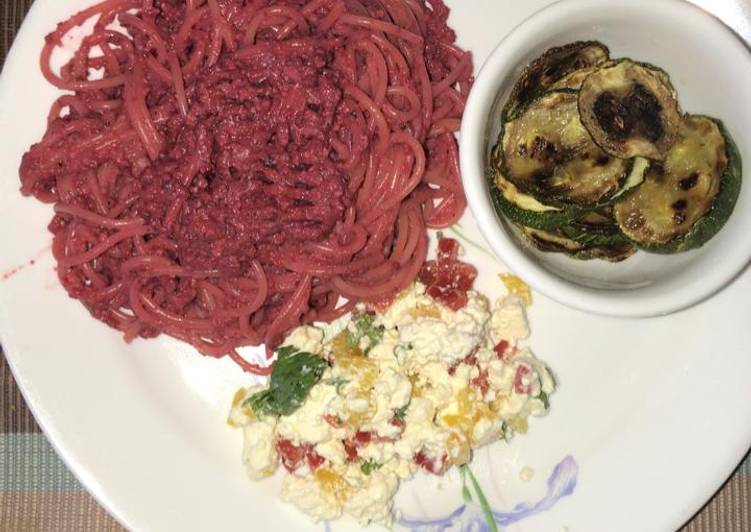 WHEAT SPAGHETTI IN BEETROOT PESTO, FETA CHEESE SALAD,